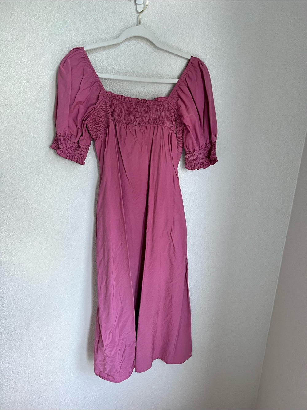 Washed Rose Smocked Puff-Sleeve Midi Dress